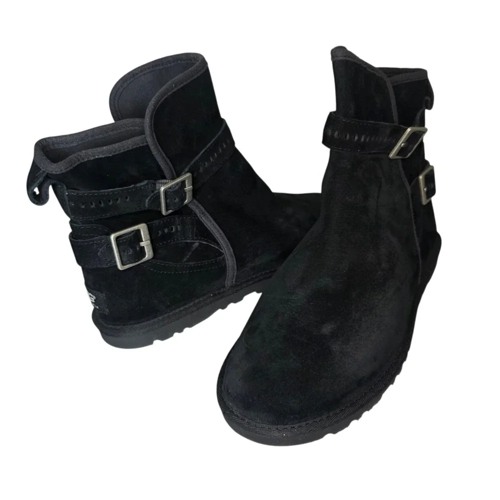 UGG Australia Leni Womens US 9 Black Suede Leather Buckle Ankle Booties NWOT